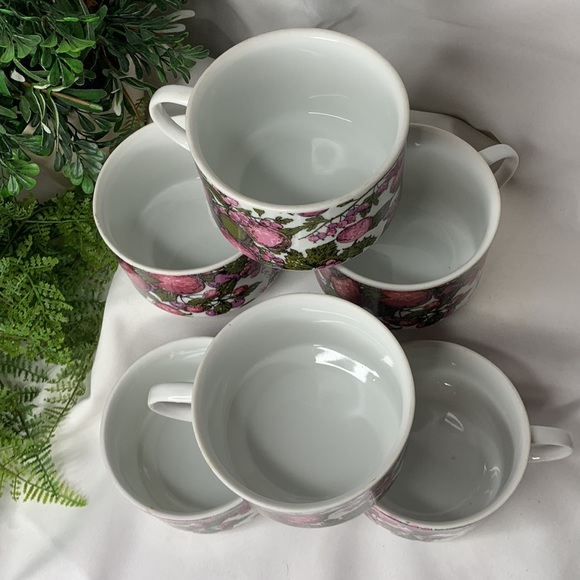 Beautiful vintage set of 6 green, plum & pink Enesco Japan soup mugs with fruits - Picture 5 of 8